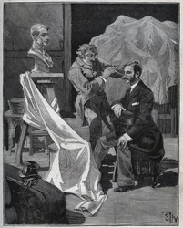 彫刻、彫刻家のアトリエ、胸像の焦点と彫刻。Adolphe BITARDの "Les arts et metiers illustres "に掲載された1880年のエングレーヴィング。