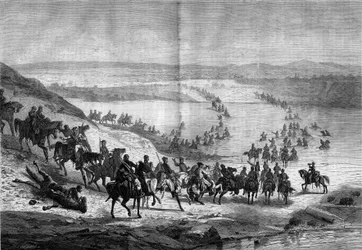 分離独立戦争（1861-1865）またはアメリカ南北戦争：スチュアート将軍の南部騎兵隊によるポトマック横断。11月22日付「Le Monde Illustré」No.293に掲載された図版