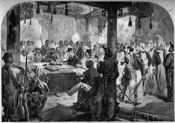 フランス、イングランド、中国の間の第二次アヘン戦争（1858-1860年）- 1858年の天津条約（ティエンツィン）調印：イングランドとフランスの大使、エルギン卿（ジェームズ・ブルース