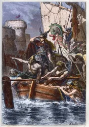 パリ包囲戦（885-887年）：886年のノルマン人（ヴァイキング）の侵攻 - ヴァイキングの略奪者ロロ（ロロン）・ザ・レンジャーが885年にセーヌ川からパリを攻撃する - フランソワ・ギゾー著『Histoire de France racontée à mes petits-enfants』より - 1872-1876年
