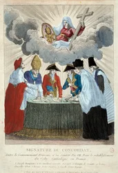 1801年7月15日、1801年のコンコルダートの署名：フランス政府（ここではジョセフ・ボナパルトが代表）とサン・シエージュ（教皇ピウス7世の代理として枢機卿コンサルヴィが代表）の間で署名された。1801年 パリ、カルナヴァレ美術館
