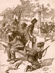 第一次世界大戦中のフランスで戦争ゲームをしている小さな男の子。 1917年に発行されたBuvard du Bon Marcheのアジェンダより。