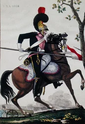 帝政期のフランス宮廷騎兵隊の兵士（カラーリトグラフ）
