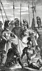 兵士たちはイエス・キリストの衣服の分割のためにくじをキャストします（銅版画の彫刻）
