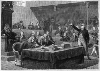 フランスのスイス侵攻に関するフォックス代議士のイングランド議会での演説（1802年11月） - ルイ・アドルフ・ティエール著「領事と帝国の歴史」からのエングレーヴィング - フランスのスイス侵攻に関するフォックス代議士の演説（1802年11月） - 。