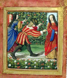 Stowe 955 f.7 ピエール・サラ作「愛のプチ・リーヴル」より、盲人のバフを演奏する男女、1500年頃（ベラム）