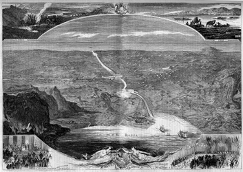 スエズ運河：1859年に建設を開始したスエズ地峡（エジプト）の穴の全景。11月20日付「イラストレーション・ワールド」第84号に掲載されたモランのエングレーヴィング