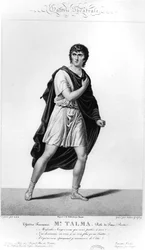 ヴォルタイアの悲劇、1793年にパリでプロダクションでタイタスとしてローマの衣装を着たタルマ、ブルータス、1812