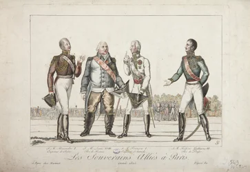 1815年パリの連合国主権者、アレクサンドル1世、ロシア皇帝、ルイ18世、フランス国王、フランシス1世、オーストリア皇帝、プロイセン国王フレデリックウィリアム3世、マルティネット出版、1815年