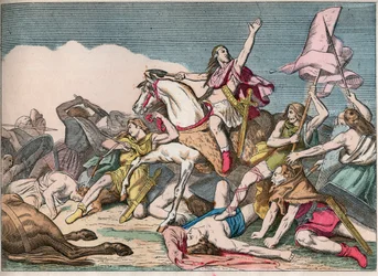 トルビアックの戦い、クローヴィスのアラマンズに対する勝利（466-511）（496年） - Clovis I (466-511) at Battle of Tolbiac, 496 AD - "Nos Gires Nationales - Images et recits" の19世紀末のエングレービング