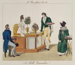 美しいレモネードの売り手、ルボンジャンルのプレート98、c.1810（カラー彫刻）