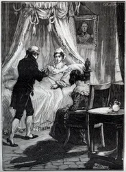 ブレイ要塞で医師ルイ・シャルル・ドヌー（1767-1846）に謁見するベリー公爵夫人（マリー・カロリーヌ、2つのシチリアの王女、ベリー公爵夫人（1798-1870）） - エングレーヴィング - 拡大写真
