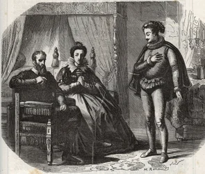 1540年に娘のアンヌ・ド・クレヴィス（1515-1557）とイングランド王ヘンリー8世（1491-1547）の結婚が解消されたことを知ったクレヴィス公爵夫人、マリー・フォン・ユーリヒ（1491-1543）。1871年の「Hist」に掲載された版画