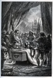 シャトーヌフ・ドゥ・ランドン（Chateauneuf-de-Randon, Auvergne）のイギリス人総督が降伏し、1380年7月13日、包囲されていたベルトラン・デュ・ゲスクラン（1320-1380）の棺に広場の鍵を置きに来たのです。ル・コネッタブル・ダイ