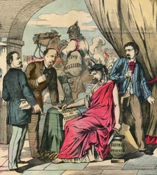 1871年5月10日、アドルフ・ティエールとオットー・フォン・ビスマルクの交渉により、フランクフルト条約が締結され、独仏戦争は終結した：フランスはアルザスとロレーヌの一部を割譲し、50億フランを支払うことになった。Le Figaro, supplement "に掲載された版画。
