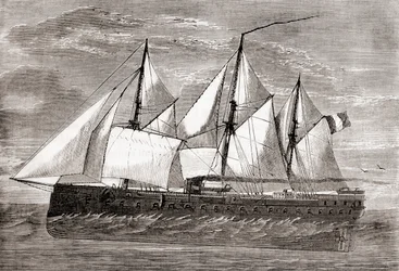 1859年に進水した初の外洋用鉄甲船、フランスの鉄甲船Gloire「Glory」（1870年頃に出版された「Les Merveilles de la Science」より）（エングレーヴィング