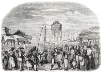 噴水のあるパリで行進するイノセントたち - Edmond Texier 1852年の「Tableau-de-Paris」に掲載された版画