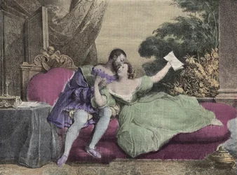 フランス王フランソワ1世(1494-1547)とディアンヌ・ド・ポワチエ(1499-1566)ブリーズの夫人、ヴァレンティノワ公爵夫人。Laughs Et Galanterie "に掲載されている1832年のダヴェリアのリトグラフ。ジョン・グラン＝カルテット監修による週刊ガランテ画像集。