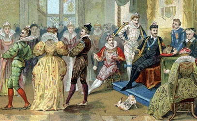 フランス王アンリ3世（1551-1589）がかわい子ちゃんたちを囲んでいます。19世紀末のクロモリトグラフ