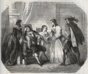 フランス王ルイ13世（1601-1643）は、オーストリア王妃アンヌ（1601-1666）と話しているときに偏頭痛に襲われる。Henry de Kock (1819-1892)の "Histoire Des Cocus Celebres "に掲載されている1871年の版画。