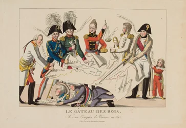 ウィーン会議（1814年11月～1815年6月）でカットされる王のケーキ、1815年頃（カラー版画）