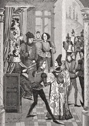 ポールラクロワ（1806-84）による「ルモヤンエージエルラルネッサンス」の1847年発行の「フロワサールのクロニクル」のミニチュアの後の王の宮廷または大評議会