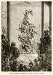 ジュール・ヴェルヌ（1828-1905）の「80日間世界一周」より、「モニュメントはトランプの城のように崩れた」。