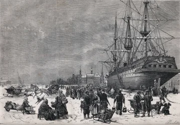 ドイツのハンブルグ港に停泊中のプロイセン船「トイトニア号」。1870年の戦争でフランス兵が捕虜になった。1871年7月8日付「Le Monde Illustré」743号に掲載された図版。