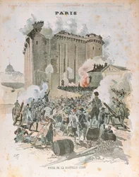 1789年7月14日のバスティーユの包囲と占領、学校の練習帳の表紙イラスト、1889年頃（カラーリトグラフ）