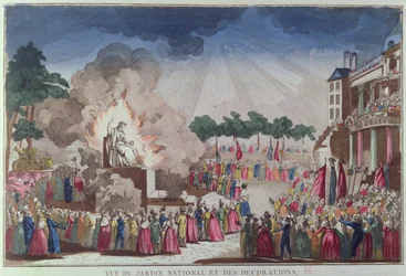 1794年7月8日、パリのジャルダン国立装飾の祭典、至高の存在の祝祭で無神論の像が破壊され、知恵の像に置き換えられる