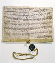 1215年8月に教皇法定代理人であるロバートドクルソン枢機卿によって作成および付与されたパリ大学の定款（ヴェラム＆ワックス）