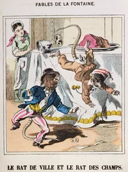 フォンテーヌ寓話集』より「町のネズミ」と「田舎のネズミ」（彩色済み彫刻版