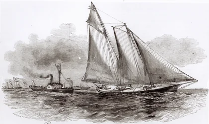 1851年のLe Monde Illustreによる、1851年のカウズレガッタで主導権を握るヨットアメリカ
