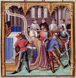 1170年のトマス・ベケット暗殺（カンタベリーの聖トマス暗殺） ジャン・ド・ヴィニェがフランス語に翻訳したヴァンサン・ド・ボーヴェ（1190-1264）の「歴史的考察」（Speculum Historiale）から抜粋した細密画。