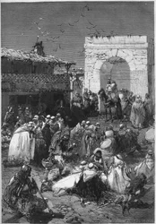 アルジェリアのサイダのサークルのカイドとジャンマは、1870年の戦争の終わりからドイツに占領されたフランスの地方を救済するための贈り物をアラブのオフィスに持ってくる。1872年4月20日付 "Le Monde Illustré "784号に掲載された図版。