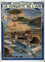 空の征服：パリ上空の飛行船、気球、熱気球 - 1909年2月のフィガロ紙表紙