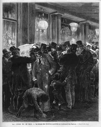 1877年5月16日の危機：パリのイタリア人街の大通りで最新ニュースを読むこのフランスの政治危機は、マック・マホン(Mac-Mahon)の手紙が、最終的に解決する評議会議長ジュール・シモン(Jules Simon)の態度を批判したことによる。