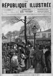死者の日にパリのモンマルトル墓地の入り口前に集まった群衆（トゥサン）。ある新聞。個人コレクション「La republique illustree」の1880年のエングレーヴィング。