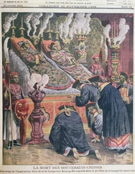 皇帝コウアン・シウ（1872-1908）とその叔母である皇后両陛下（1835-1908）の遺体を帝国の長寿館で展示、ルプティジャーナル1908（カラーリト）のイラスト