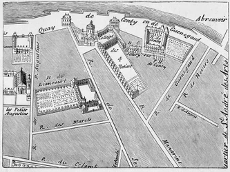 コレージュ・デ・キャトル・ナシオン（四国学院）地区とオテル・ド・コンティ、ジェ・ド・ラ・カイユの地図の複製