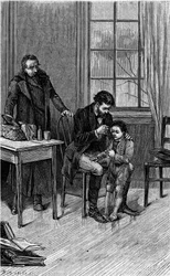 医者はマーブリングをしていた：耳の聞こえない子供の耳を診る医者。Mme de Vitt（旧姓 Guizot）の新作「4つのファカルダンの絨毯」を描いたエングレーヴィング。"Le Journal de la jeunesse "にて