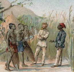 探検家ポール・クランペル（1864 - 1891）がコンゴの原住民とパーラメンタリーする様子。19世紀のクロモリトグラフ。