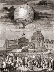 1783年9月19日、モンゴルフィエ兄弟がフランスのヴェルサイユで、フランス国王ルイ16世と王妃マリー・アントワネットの前で行ったエアロスタット・レヴェイヨンの飛行（1870年頃出版の『科学の傑作』より）。