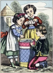 マカロンのゲーム。写真集「子供時代の遊び」からの版画。エピナルのイメージ、19世紀後半。32ページ。寸法：20x14cm