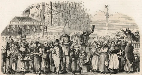 パリのブルドン大通りのハムフェア - Edmond Texier 1852年の "Tableau-de-Paris "に掲載された版画。