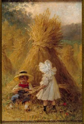 干し草の山 畑にいる二人の子供。19世紀のフランス派の絵画。個人蔵