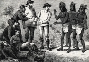 植民地時代にマラリアに苦しむヨーロッパ人をシンチョーナで助けたペルーの住民（版画）1888年