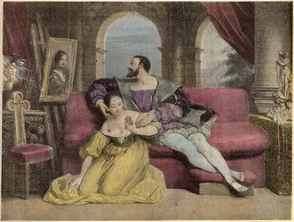 フランス王フランソワ1世(1494-1547)と美しい鉄細工。Laughs Et Galanterie "に掲載されている1838年のダヴェリアのリトグラフ。ジョン・グラン＝カルテットの指揮による週刊ガランテイメージズコレクション。1903-1904.
