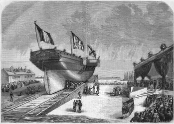 1857年にラ・セーヌで行われた定期船キリナル号の進水式（Compagnie des Messageries Maritimes）。1857年のエングレーヴィング