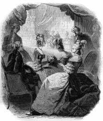 1774年、クリストフ・ウィリバルド・グルックのオペラ『オウリーデのイフィゲニー』（1714-1787）の上演中の王太子妃マリー・アントワネット（1755-1793）の宿舎の様子。1856年に描かれた版画。